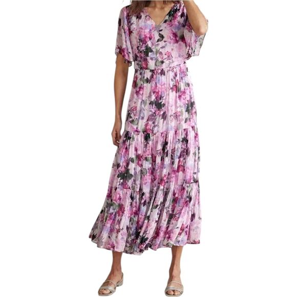 Soft Surroundings Santhia Dress Maxi Floral Pleated Tiered Flutter Sleeve Pink M - Picture 1 of 5